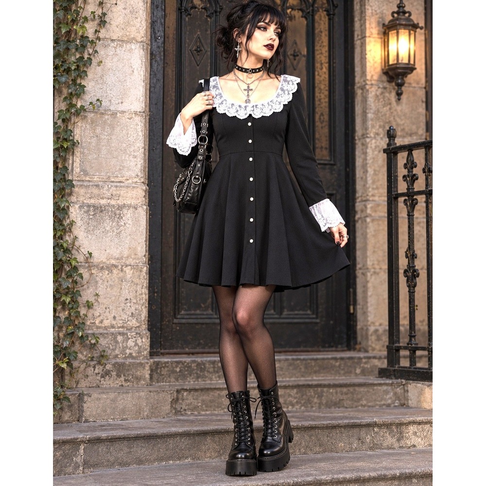 Black Romantic Goth Dress 2X Lace Collar & Cuffs Pearl Buttons Wednesday Addams